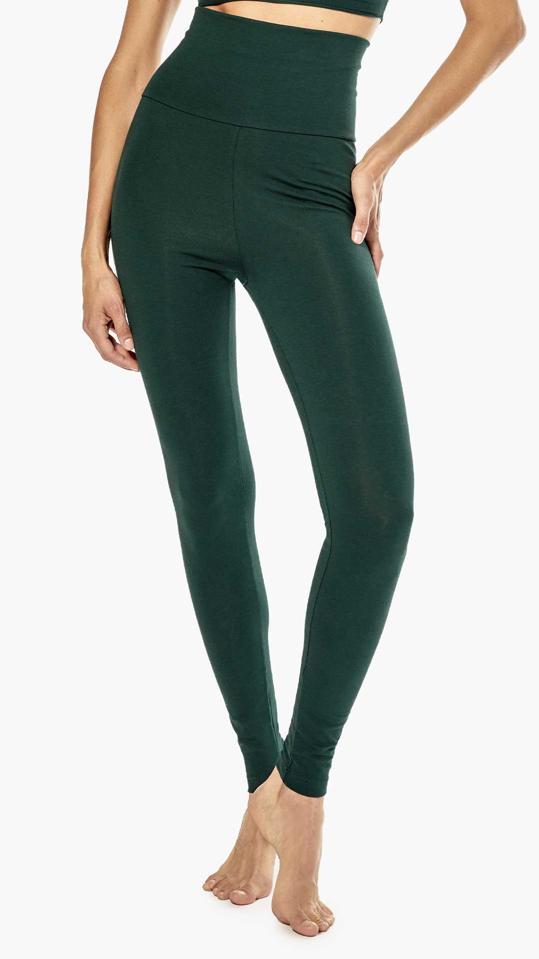 Leggings a vita alta modello Dea ISOLE&VULCANI in jersey di cotone organico certificato, design a taglio vivo senza elastici per yoga e tempo libero